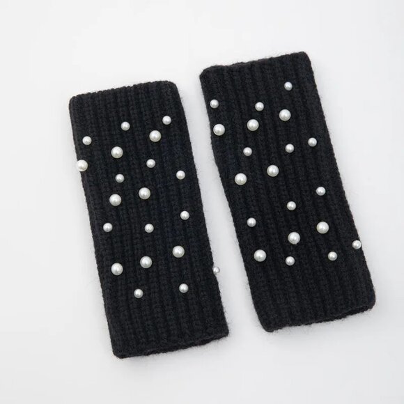 2/$30 Women's Black Knitted Fingerless Gloves with Pearl Accents Winter Fall - Picture 4 of 5